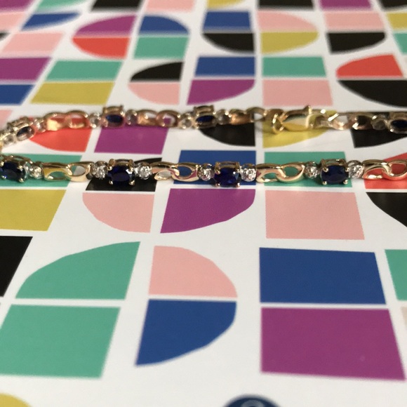 Beautiful Solid 10K Yellow Gold Blue Lab Sapphires/2 Diamonds Tennis Bracelet. - Picture 9 of 14